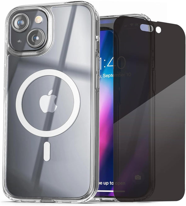 ENCASED Privacy Case for iPhone 15, Slim-fit Clear Case with Anti-Spy Screen Protector, 9H Tempered Glass