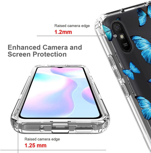 Case for Redmi 9A M2006C3LG/Redmi 9i M2006C3LII Case with Tempered Glass Screen Protector, Full Body Clear Floral Soft TPU Slim Phone Protective Armor Cover for Xiaomi Redmi 9A (Butterfly)