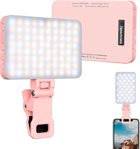 Newmowa Pink Rechargeable Selfie Light - Portable Clip-on Video Light for Phone/Laptop/Camera With