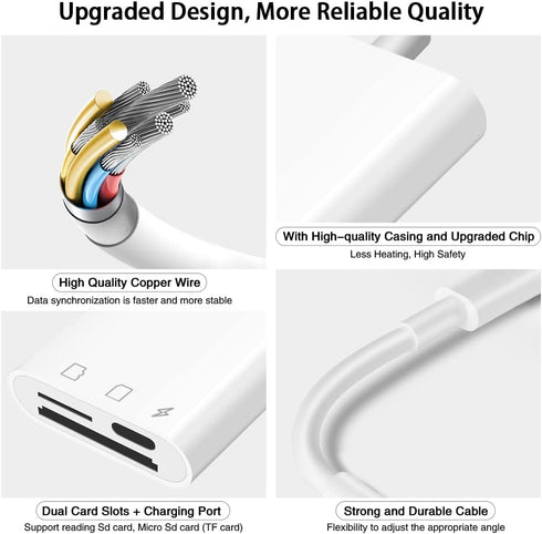 SD Card Reader for iPhone iPad, Micro SD Card Reader, Plug and Play Adapter for Simultaneous Charging and Reading