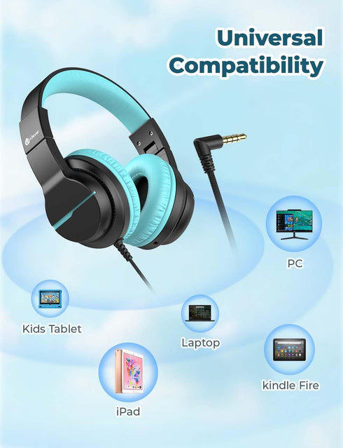 iClever HS19 Kids Headphones - Over-Ear, Volume Limiter 85/94dB, Foldable, Shareport, Wired for iPad/Travel (Black)