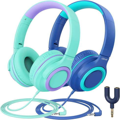 iClever 2Pack Kids Headphones with Sharing Splitter - 85dBA Safe Volume Limited
