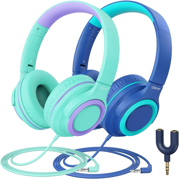 iClever 2Pack Kids Headphones with Sharing Splitter - 85dBA Safe Volume Limited