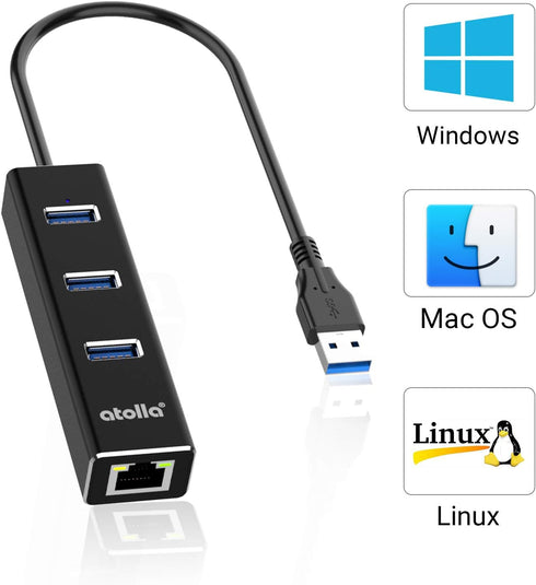 USB to Ethernet Adapter - atolla 3 Ports USB 3.0 Hub with 10/100/1000 Mbps LAN RJ45 Network Adapter