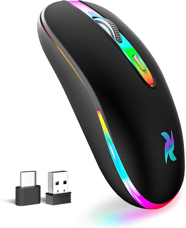 HZD LED Wireless Mouse, Slim Silent Rechargeable Optical Mouse with Type C Adapter, 3 Adjustable DPI Levels