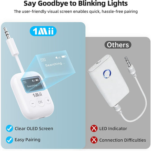 1Mii 5.3 2 25H 3.5mm MP3, Bluetooth Transmitter w/Screen for TV to Headphones, aptX AD/LL/HD Hi-Fi Audio, Playtime, AUX
