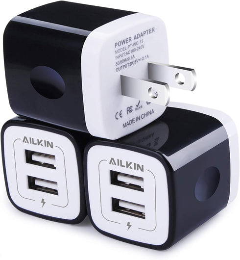 USB Wall Charger / Ailkin 3-Pack 2.1Amp Dual Port Fast Charging Adapter / Cube Box for iPhone 15 14 Pro 13 12 SE XS 8