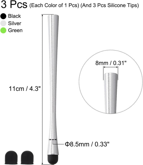 MECCANIXITY 3pcs Stylus Pens for Touch Screens Slim Universal Capacitive Stylus Pen for All Capacitive Touch Device with 3 Extra Tips, Black/Silver/Green