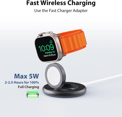 5W Fast Wireless for Apple Watch Charger, Aluminum Alloy Portable Magnetic Charging Station with USB-C Cable, Compatible with iWatch Series Ultra/Ultra2/9/8/7/6/5/4/3/2/SE, Travel Charger-Gray