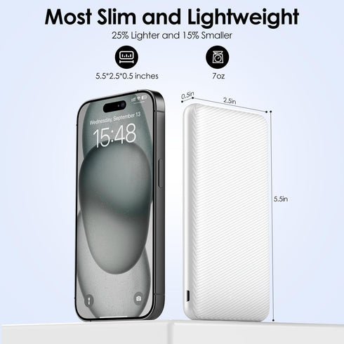 POTENIGO 10000mAh Slimmer Pack 5V/3A Power Bank Portable Charger, Battery with USB C Input & Output, Travel Essentials