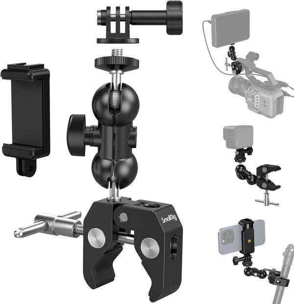 SMALLRIG Camera Mount Clamp Kit, Ball Head Magic Arm with Clamp for GoPro, Webcam, Camera, Phone, and Light