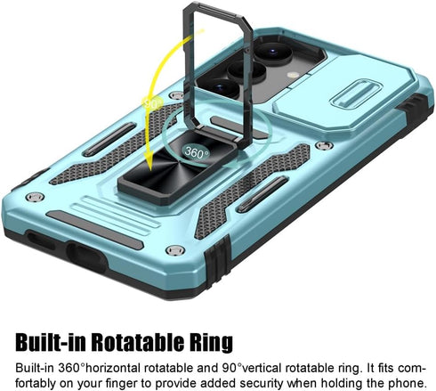 for Samsung Galaxy S24 Case, Shockproof Phone Case with Sliding Camera Cover & Rotatable Ring Holder Kickstand +