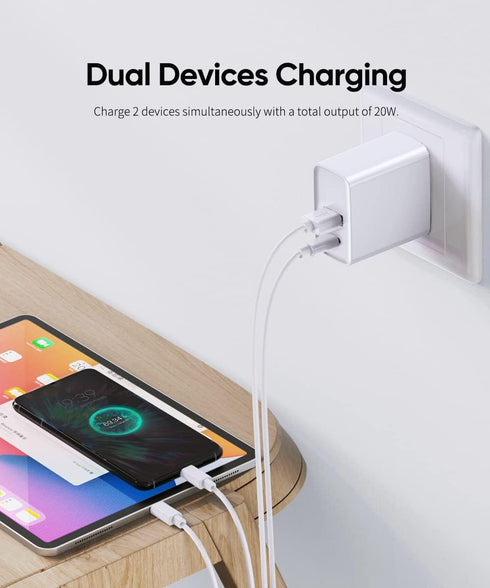 USB C Wall Charger PD 20W, Dual Port Power Delivery Fast Charge Block Plug Adapter for iPhone 15/14/13/12/11/Pro Max,