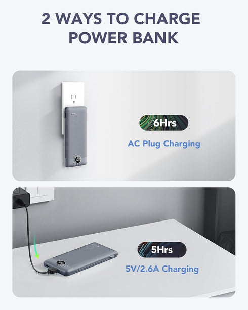 VRURC Portable Charger 10000mAh, Built-in Cables and AC Wall Plug, USB C Power Bank for Smart Phones and Tablets (Grey)