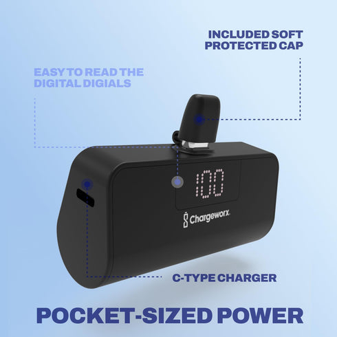 CHARGEWORX Portable Power Bank, 5,000 mAh Battery Capacity, Fast Charging, Small Compact Design, Black