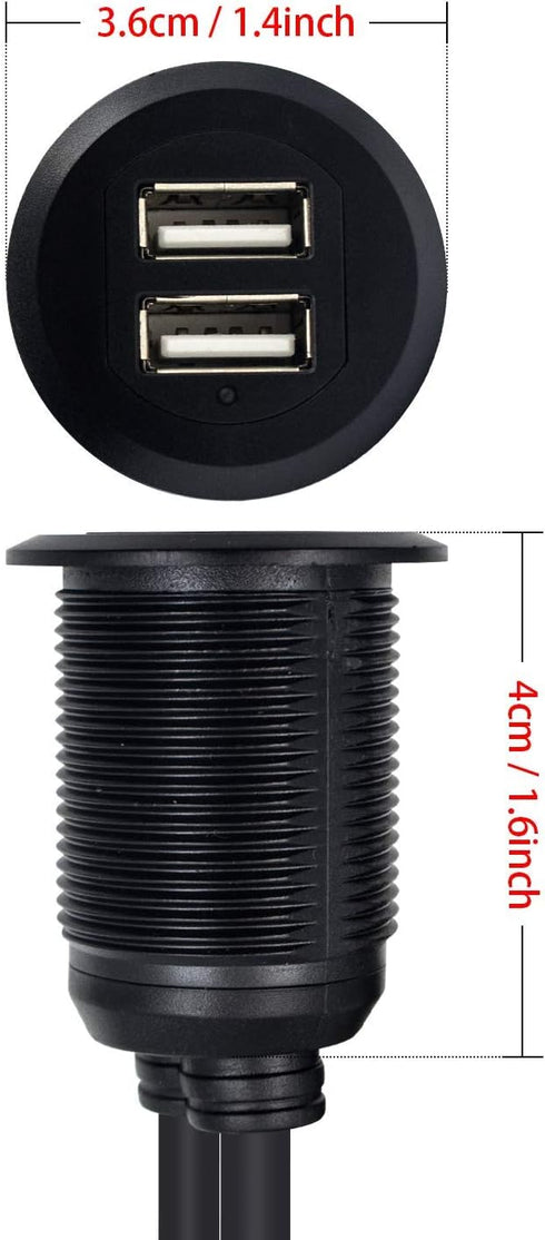 Duttek USB Panel Flush Mount Cable - Dual USB 2.0 Male to Female Extension Cable, USB Mount for Car, Boat, Motorcycle