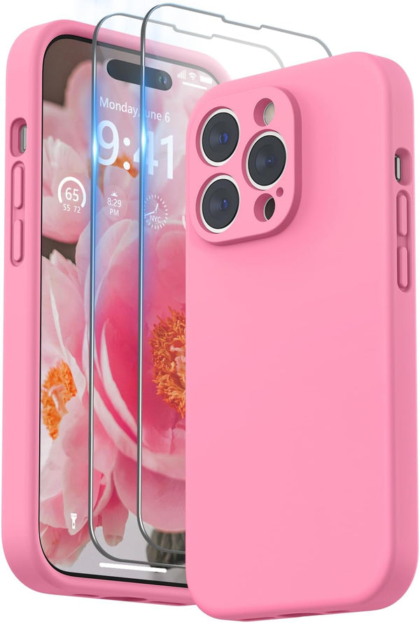 iPhone 14 Pro Max Case by SURPHY, Pink Liquid Silicone with Screen Protector, Camera Protection & Soft Microfiber