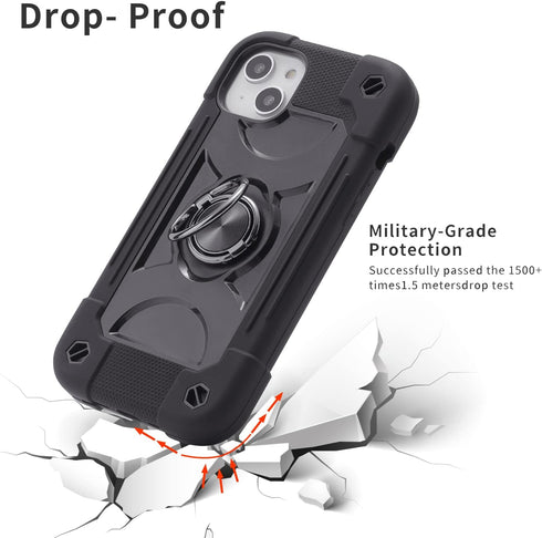 iPhone 14 Plus Case 6.7" - Heavy-Duty Rugged Cover (Black) with Ring Stand, 2 Glass Screen Protectors & 1 Camera Lens
