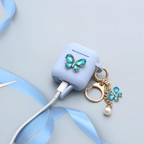 Wonhibo Cute Butterfly Case for AirPods - Cover for Airpod 1 & 2 with Keychain (Blue)