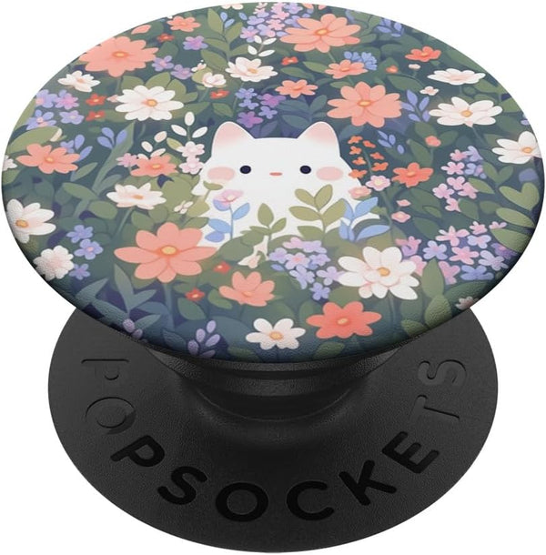 Cute White Cat Hiding in Spring Flowers Botanical Floral PopSockets Standard PopGrip