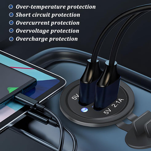 HZEL 2 12V/24V Car USB Outlet Wire Charger, Port Vehicle USB Charger Socket Mount with Wire, Automotive Interior Power