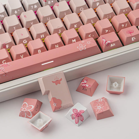 Tsungup PBT Keycaps Cherry Blossom Keycap Set, Custom Side Printed Pink Keycaps, 135 Keys Gradient DoubleShot Sakura