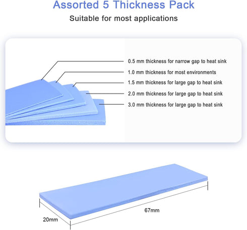 30 Pack Thermal Pads, 20 67 mm by 5 Thickness 0.5 | 1 | 1.5 | 2 | 3 mm, Thermal Conductivity 2.0 W/m.k, Self-Adhesive & Soft, Ideal for Repairing and Cooling Electronics