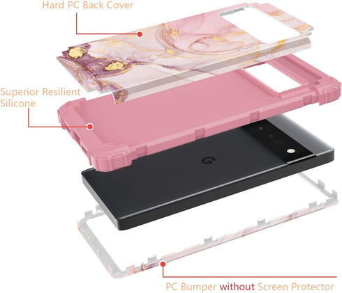 Google Pixel 6 Pro Case, Marble Rose Gold Women 3 in 1 Hard PC Soft Silicone Protective Rugged Bumper Cover