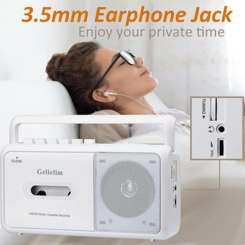 Gelielim Portable AM/FM Radio Stereo Cassette Player Boombox with Big Speaker and Earphone Jack, Battery Operated