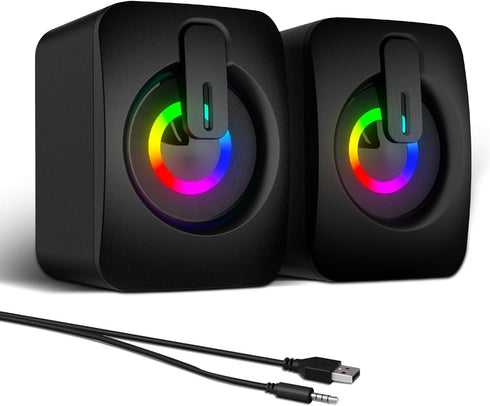 MELOGAGA RGB Computer Speakers, USB-Powered PC Speakers with 7-Color LED Backlight, 3.5mm Aux