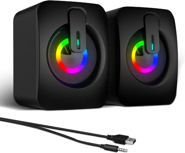 MELOGAGA RGB Computer Speakers, USB-Powered PC Speakers with 7-Color LED Backlight, 3.5mm Aux