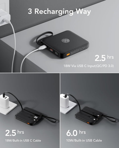 VRURC Portable Charger with Built-in Cable, 10000mAh 22.5W Fast Charging USB C Battery Pack for iPhone 15 14 Samsung