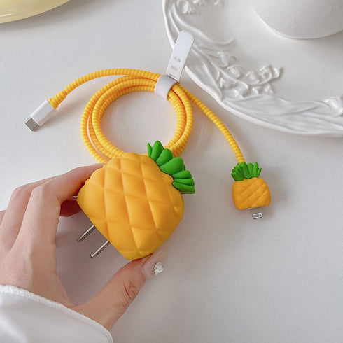 ZOSTLAND Yellow Fruit Pineapple 5 in 1 DIY 18W 20W Data Cable USB Charger Line Earphone Wire Saver for iPhone 11-15 Pro