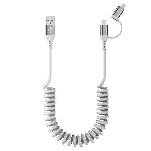 USB to USB-C and Lightning Cable Combo, 2 in 1 Coiled Cable for Apple Carplay & Android Auto, Fast Charge