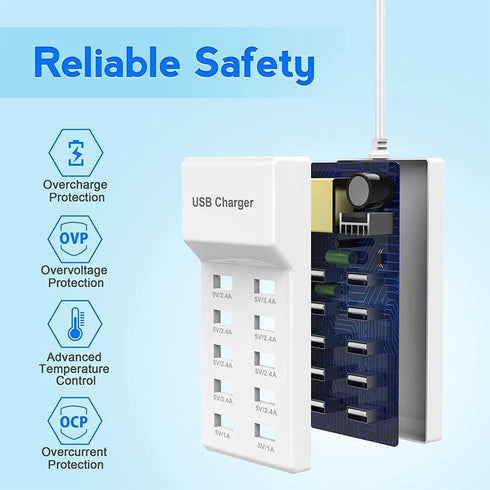 10-Port USB Wall Charger Station with Rapid Charging, Auto Detect Technology, Family-Sized USB Ports for Multiple