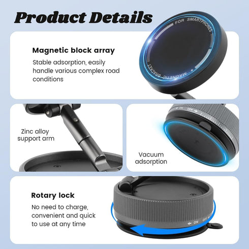 Xiaokeis 360 Foldable Vacuum Magnetic Car Phone Holder, Rotatable Suction Phone Mount, Strong Suction Cup Magnetic Car