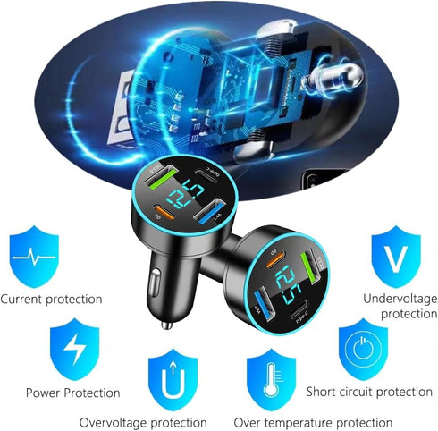 4-in-1 Fast Car Charger, PD/QC3.0/Type C Fast Charging Universal Car Phone Charger with Blue LED & Voltmeter for Car