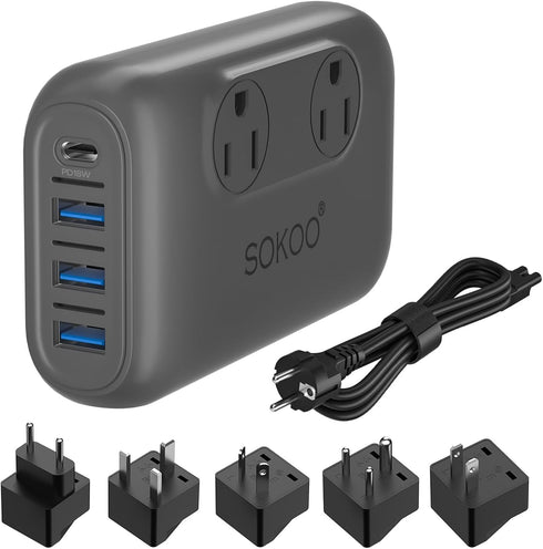 SOKOO 230-Watt Step Down Voltage Converter 100-220V to 110V, International Power Adapter for 150 Countries, USB Charger
