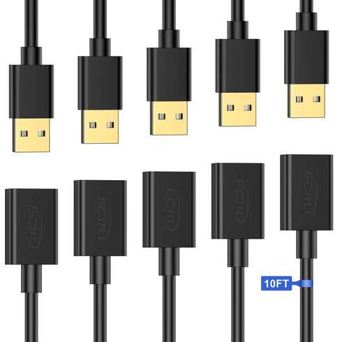 USB Extender Cord 10FT (5 Pack), USB 2.0 Extension Cable, USB A Male to Female, Compatible for USB Flash Drive, Hard