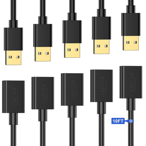 USB Extender Cord 10FT (5 Pack), USB 2.0 Extension Cable, USB A Male to Female, Compatible for USB Flash Drive, Hard