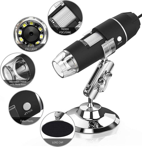 USB Digital Microscope, 1600x Magnification Endoscope Camera with Metal Stand for Windows, Android, and Mac