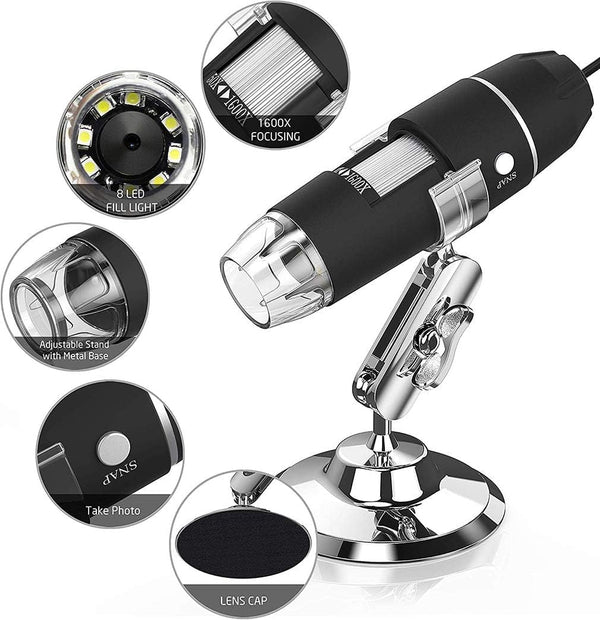 USB Digital Microscope, 1600x Magnification Endoscope Camera with Metal Stand for Windows, Android, and Mac