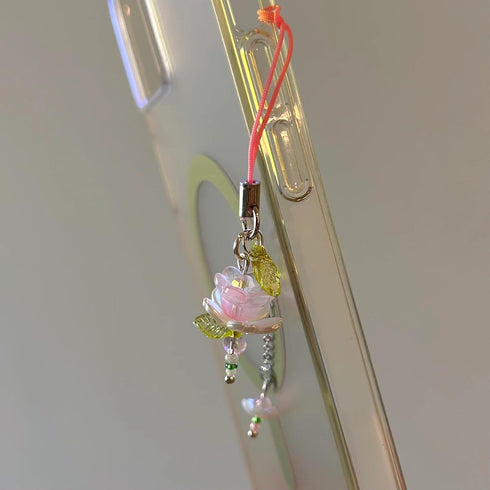 Y2K Agromusk Pink Flower Phone Charms,Cute Beaded Lotus Flower Phone Strap Handmade Decor for Women Accessories