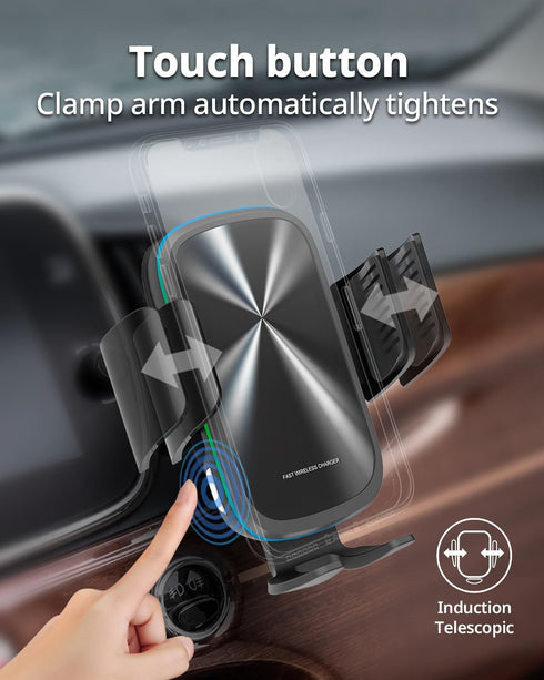 Wireless Car Charger with Phone Holder Mount, Fast Charging 15W Auto Clamping for Air Vent Accessories