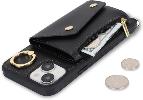 iPhone 14 Case with Card Holder and Strap, Zipper Pocket Crossbody Lanyard Strap, Cute Phone Wallet Case for Women
