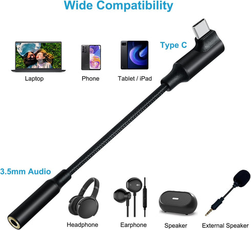 Angled USB Type C to 3.5mm Audio Adapter Headphone Jack USBc 3.5 mm Cable Aux to USB-C Cord Male Female Dongle DAC Chip for Android Phone Tablet Laptop Speaker Microphone Car Stereo, Black