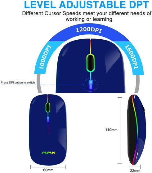 Wireless Bluetooth Mouse for Laptop - Rechargeable 2.4G USB Optical Mouse, LED Slim Dual Mode (Dark Blue)