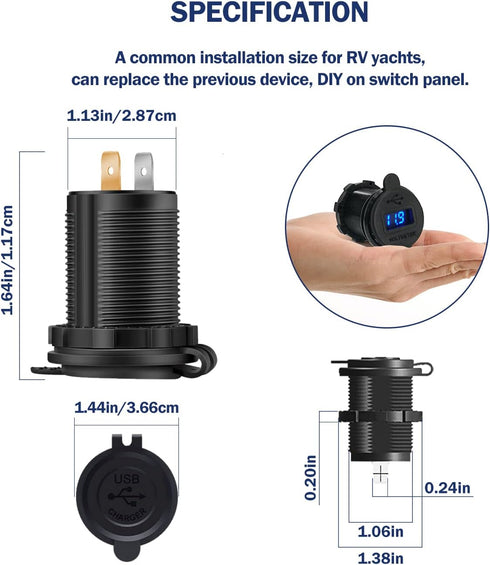 QC 3.0 Dual USB Fast Charger Socket - Digital Display of Battery Voltage 12V/24V, Double USB Port Power Outlet for