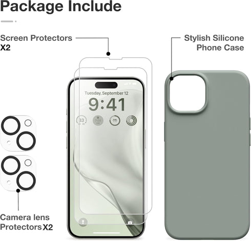 GONEZ iPhone 14 Case, Calke Green Liquid Silicone, 6.1", Shockproof, with 2X Screen & Camera Lens Protectors.