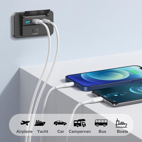 78W 12V USB Outlet Surface Mount Dual USB C 30W & QC 3.0 18W Car USB Port, 12 Volt Charger Socket Panel